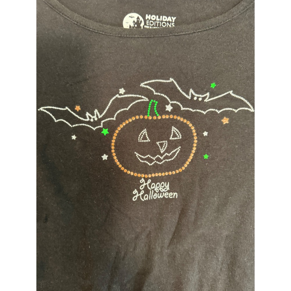 Holiday Editions Halloween Rhinestone Pumpkin Bat Shirt Black XXL 100% Cotton